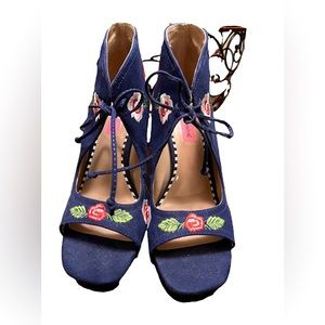 Betsey Johnson Open Toe Heeld with Pink Rose Embroidery